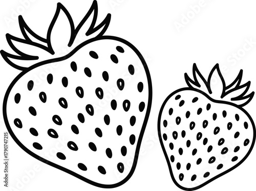Black and white illustration of two strawberries, , showcasing their seeds and leafy tops for simple coloring book