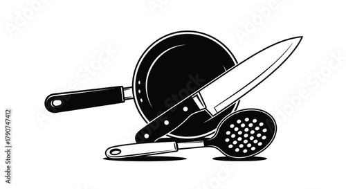 A chef's knife, frying pan, and slotted spoon are arranged on a white background.
