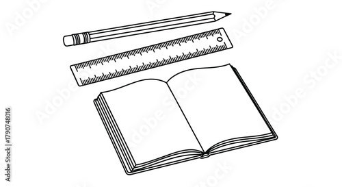 A pencil, a ruler, and an open book are laid out on a surface.