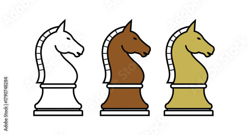 Three chess knight pieces are lined up next to each other with white, brown, and gold colors.