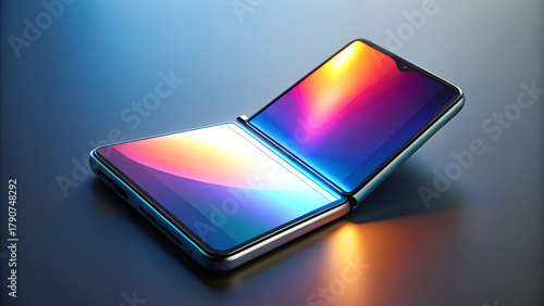 Foldable smartphone with vibrant colorful abstract screen display in open position