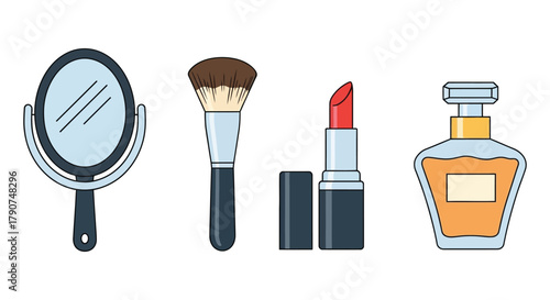A collection of makeup and beauty items including a mirror, brush, lipstick, and perfume.