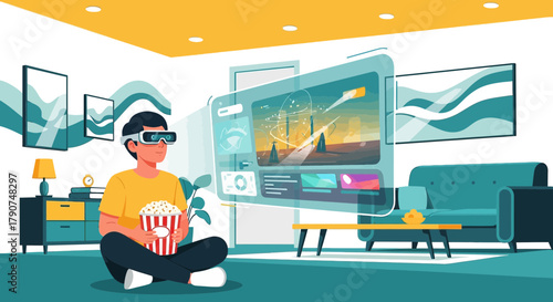 Immersive Entertainment: Man Experiencing Virtual Reality at Home with Popcorn and Futuristic