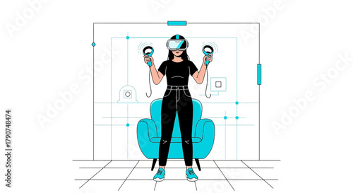 Immersive virtual reality experience with a woman using VR headset and controllers in futuristic