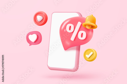 3d mobile phone with price tags notify for online shopping concept. Basket with promotion tag discount coupon of money for future, special offer promotion. 3d reminder icon vector render illustration