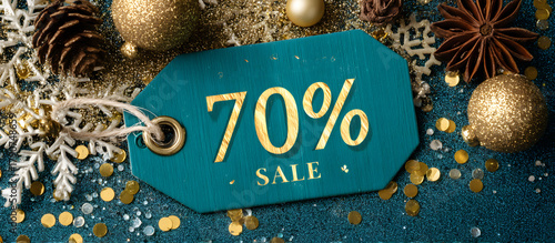70% discount label on Christmas purchases