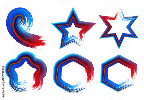 Abstract red and blue acrylic brush stroke shapes including stars, swirls, and polygons isolated on white background. Perfect for creative art, backgrounds, posters, and digital designs.