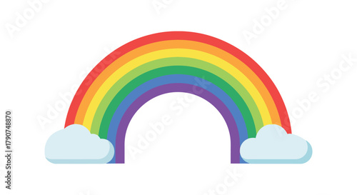 A vibrant rainbow arcs across the sky with fluffy white clouds on either side.