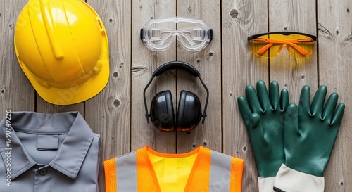 Safety gear and protective equipment arranged on wooden surface. Features hard hat, goggles, earmuffs, gloves, and vest. Perfect for workplace safety training or construction materials.