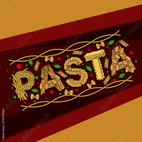 A word "PASTA" formed from several types of pasta to celebrate National Pasta Day on October 17th