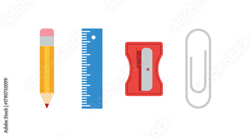 A pencil, ruler, sharpener, and paperclip are displayed on a white background.