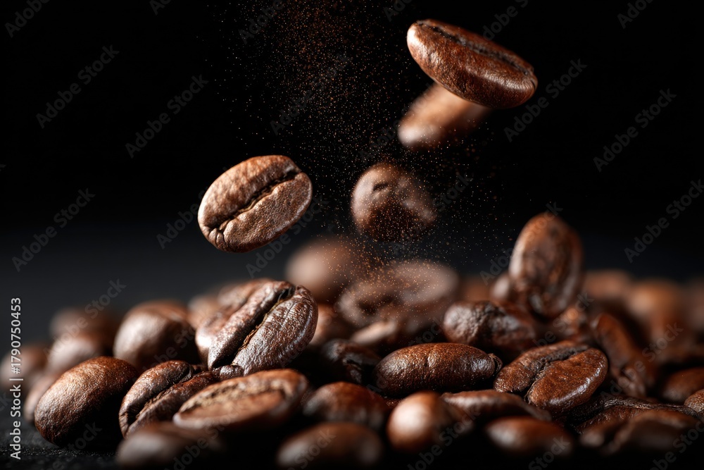 Fototapeta premium Roasted Coffee Beans Falling on Pile Against Black Background.
