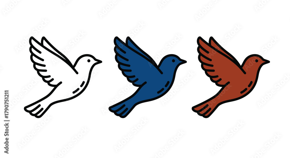 Fototapeta premium Three stylized birds in white, blue, and red colors fly on a white background.