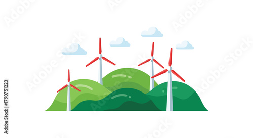 Wind turbines stand on rolling green hills under a cloudy sky.