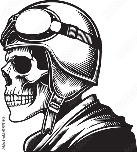 Rider's Skull in Gear: An artistic depiction of a biker skull, complete with a helmet and goggles, embodying the essence of adventure and daring spirit. 