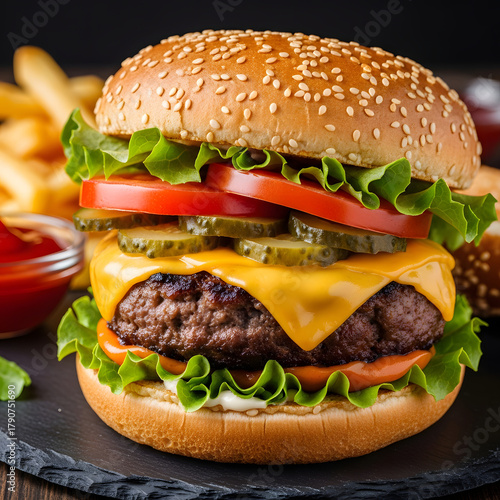 Gourmet Cheeseburger with Crispy Fries and Ketchup | Classic American Fast Food Meal