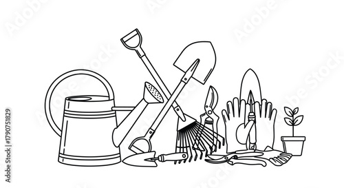 A collection of gardening tools is arranged together for illustration.