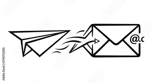 A paper airplane flies towards an open envelope with an @ symbol on it.