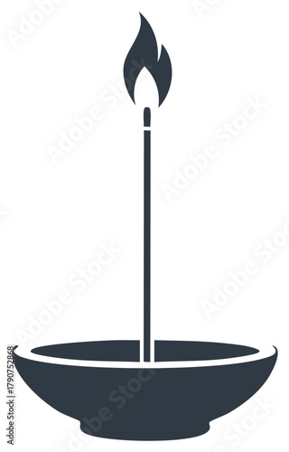 Burning incense stick with flame in a shallow bowl simple icon graphic