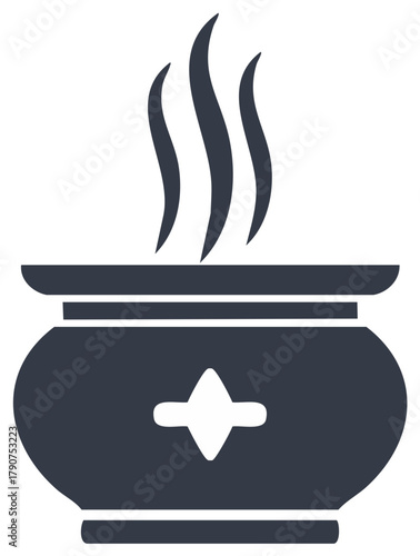 Stylized dark blue icon of a pot emitting steam with a decorative pattern