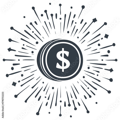 Dollar sign coin with burst. Concept of money, finance, wealth, and success.