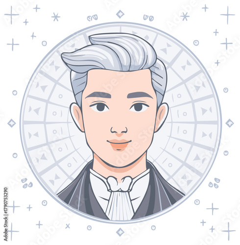 Portrait of elegant man with grey hair in formal wear with decorative background.