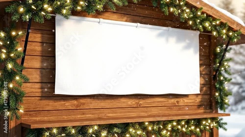 Christmas market wooden stall with garland lights and blank banner