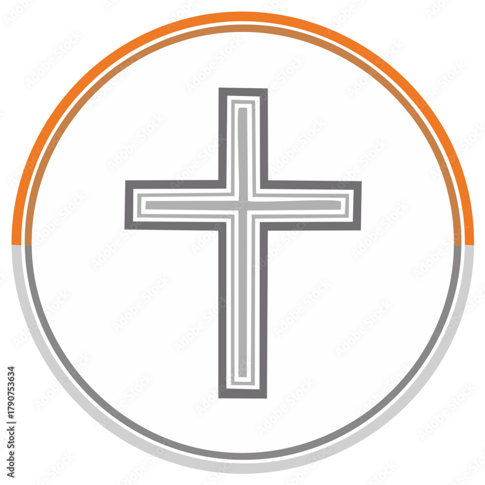 Obraz premium Gray Christian cross with layered outline in an orange circle icon for faith and spirituality