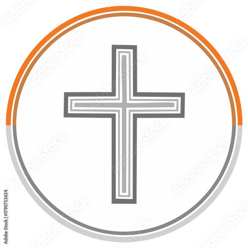 Gray Christian cross with layered outline in an orange circle icon for faith and spirituality