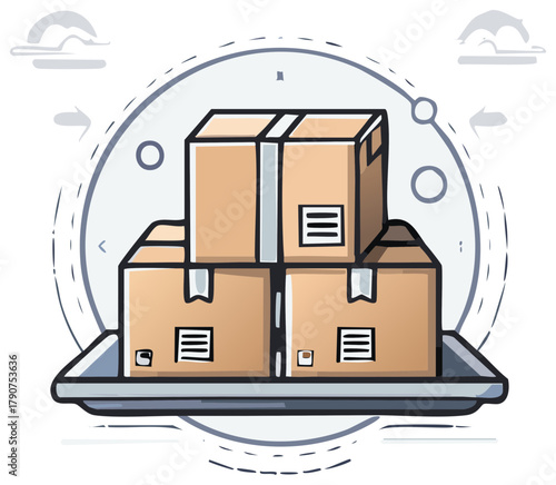 Logistics and delivery service concept with stacked cardboard parcels on a tray