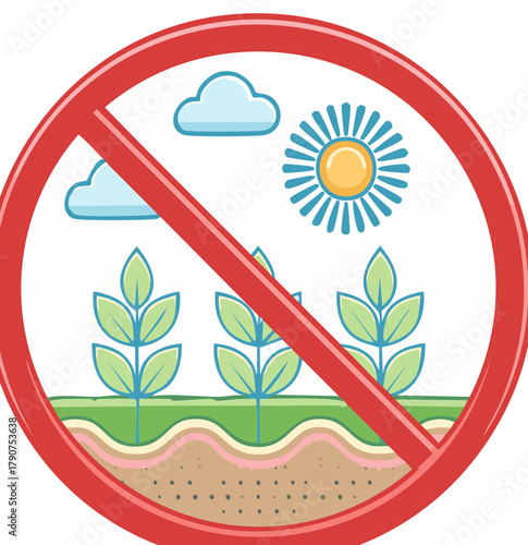 Warning symbol against harmful outdoor environment with sun plants and soil layers