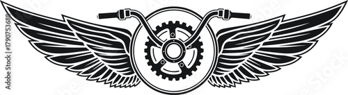 Wings and Wheels: A graphic portrayal of vintage biker emblem with wings, and a circular gear. This piece captures the freedom and rebellious spirit.
