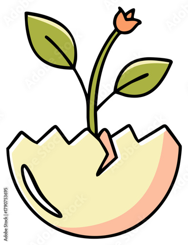 New life concept with a flower sprout growing from a cracked eggshell