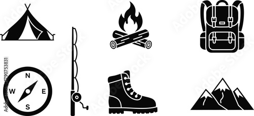 Camping and outdoors glyph icon set. Vector pictograms of tent, campfire, backpack, compass, fishing rod, hiking boot, mountain peak, black sign silhouette illustration.