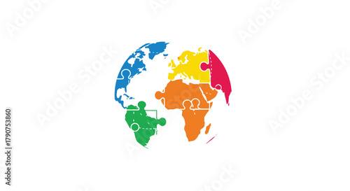 A colorful globe is depicted as a jigsaw puzzle with continents fitting together.