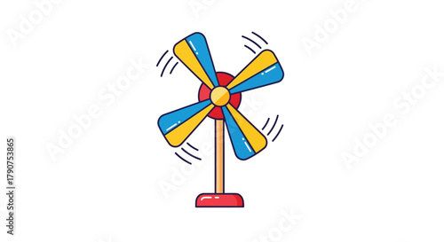 A colorful toy pinwheel spins rapidly on a white background.