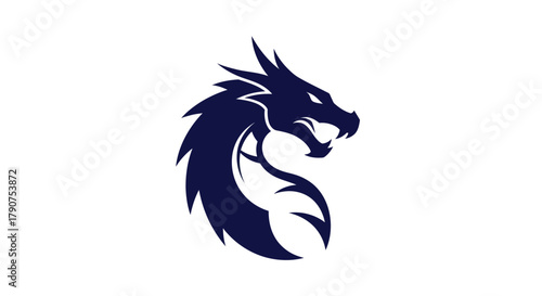 Stylized dark blue dragon head illustration against white background