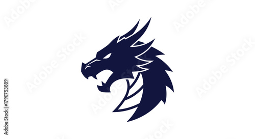 Stylized dark blue dragon head illustration against white background