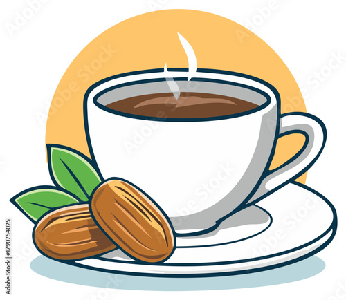 Steaming cup of coffee with dates and mint leaves on a saucer