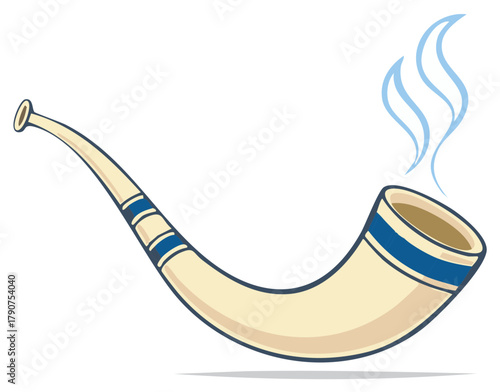 Cartoon style shofar blowing with blue smoke and white background