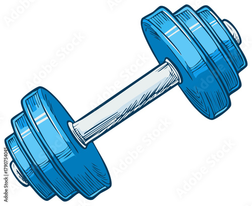 Vivid blue metal dumbbell with round weights and grip, fitness object for physical training, exercising and strength building