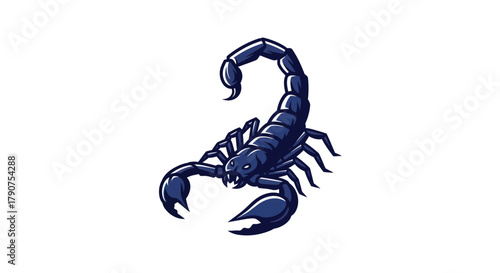 Stylized dark blue scorpion illustration on white background