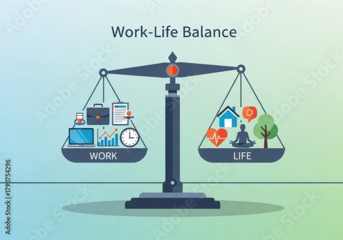 Work-life balance concept illustrated with a weighing scale graphic. isolated on white background, Vector