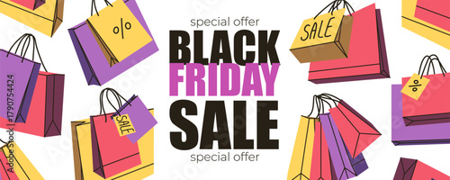 Black Friday Sale Banner with dynamic pattern of multiple floating yellow, pink, and purple bags