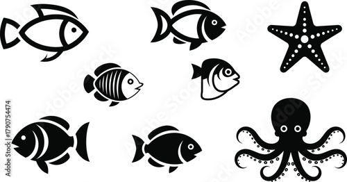 A collection of simple black and white icons depicting various sea creatures.