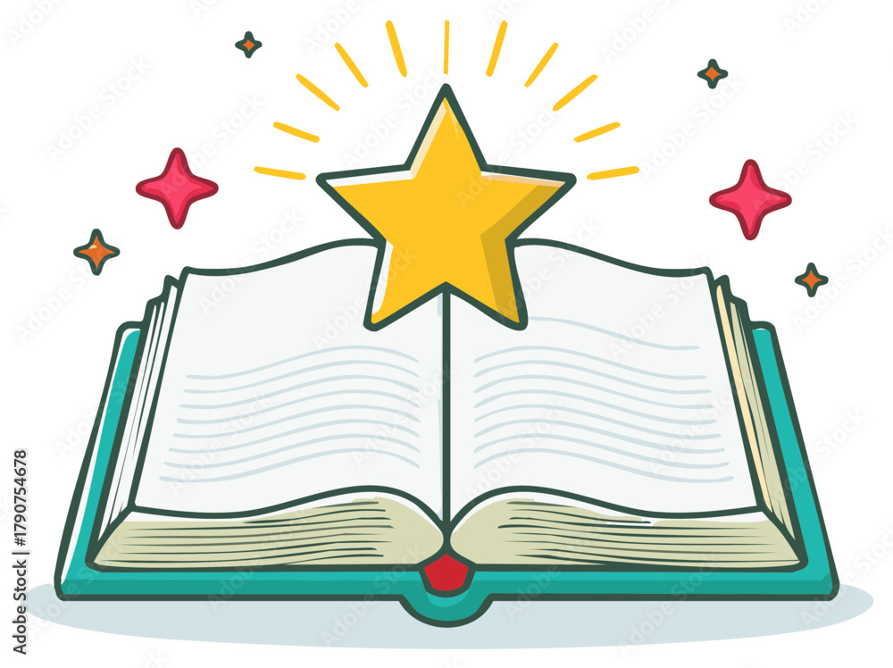 Naklejka premium Open Book with Shining Yellow Star and Sparkles Symbolizing Knowledge Learning and Inspiration
