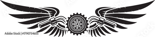 Winged Wheel Emblem: A striking emblem showcasing a central cogwheel design, flanked by detailed wings, symbolizing freedom, motion, and industrial innovation.