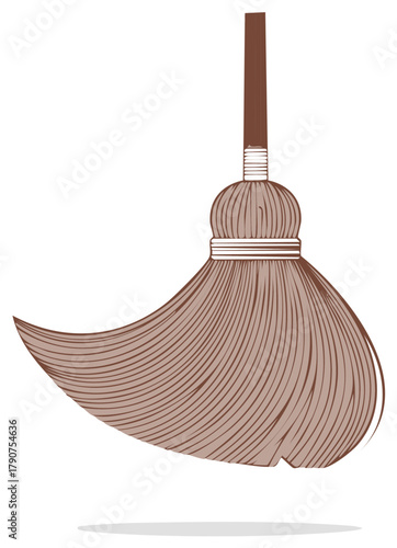 Illustration of a vintage broom, brown tones, domestic cleaning equipment