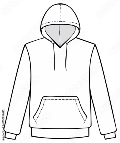 Technical drawing of a blank hooded sweatshirt for design templates and fashion prototypes in apparel manufacturing