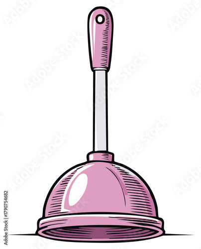 Pink plunger illustration, tool to unclog sinks and toilets, hand-drawn style, sanitary plumbing equipment